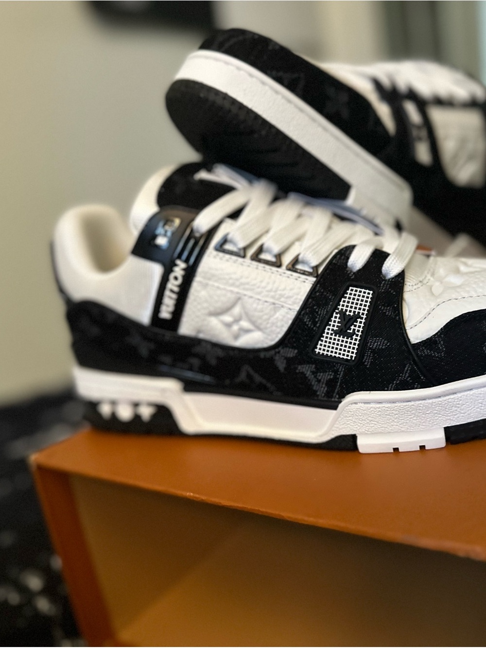 Louis Vuitton Black and White Men's Low-Top Sneaker with Monogram Detail